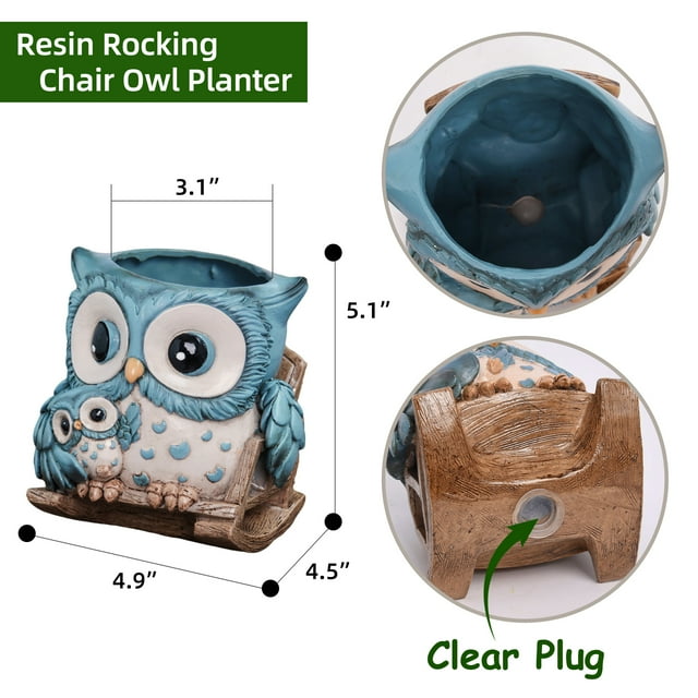Quoowiit Cute Owl Plant Pots Indoor,Resin Small Succulent Pots with Drainage Hole,Rocking Chair Planters for Outdoor Indoor Plants,Gift Ideas for Mother