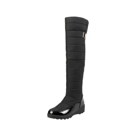 hopeusnice Women s Knee High Boots Winter Warm Snow Boots Padded Quilted Waterproof Platform Boots Buckle Decor Comfortable Shoes Black 36
