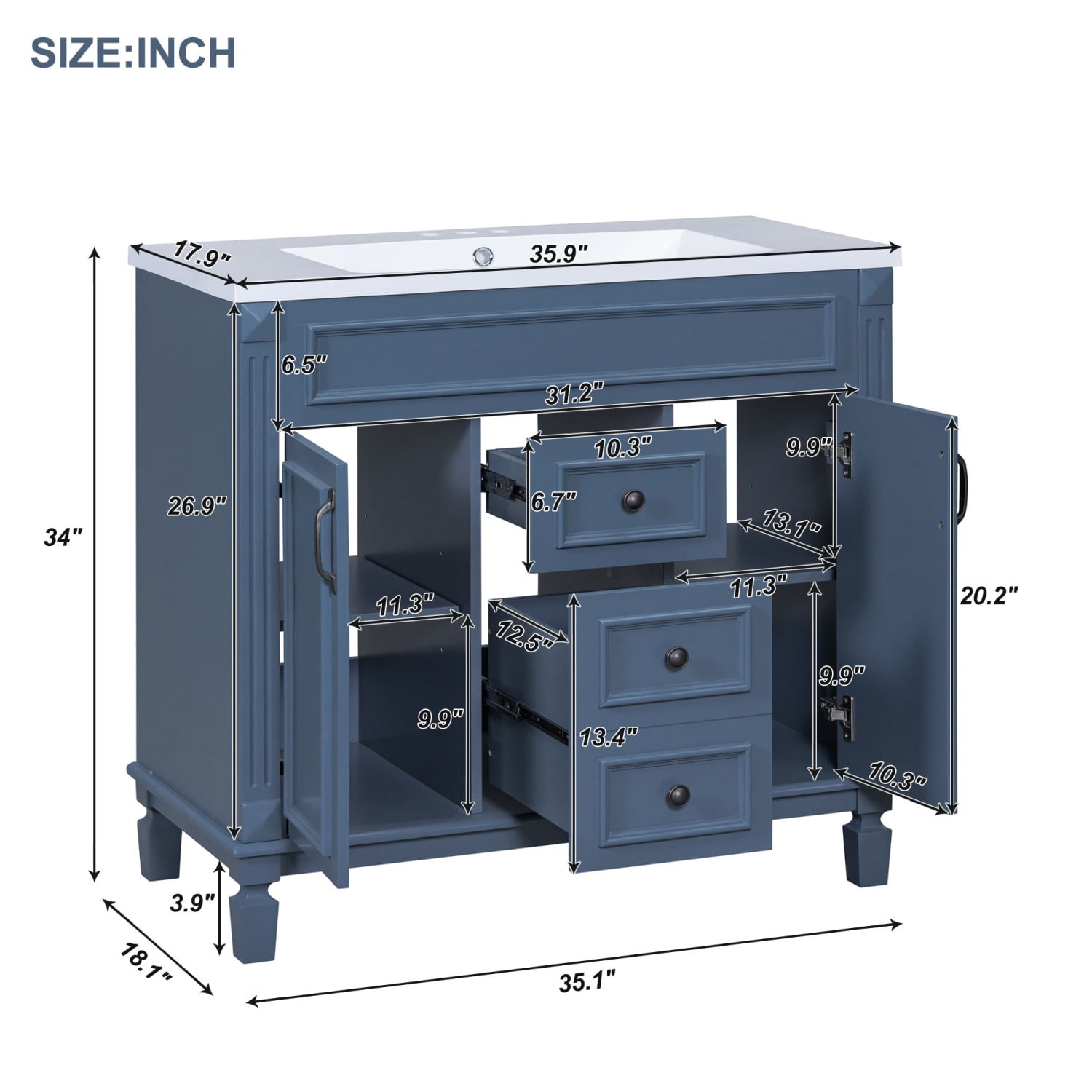 Harper & Bright Designs 36'' Bathroom Vanity Cabinet with Sink Combo Set and Mirror Cabinet, Modern Bathroom Storage Cabinet with 2 Soft Closing Doors and 2 Drawers, Blue