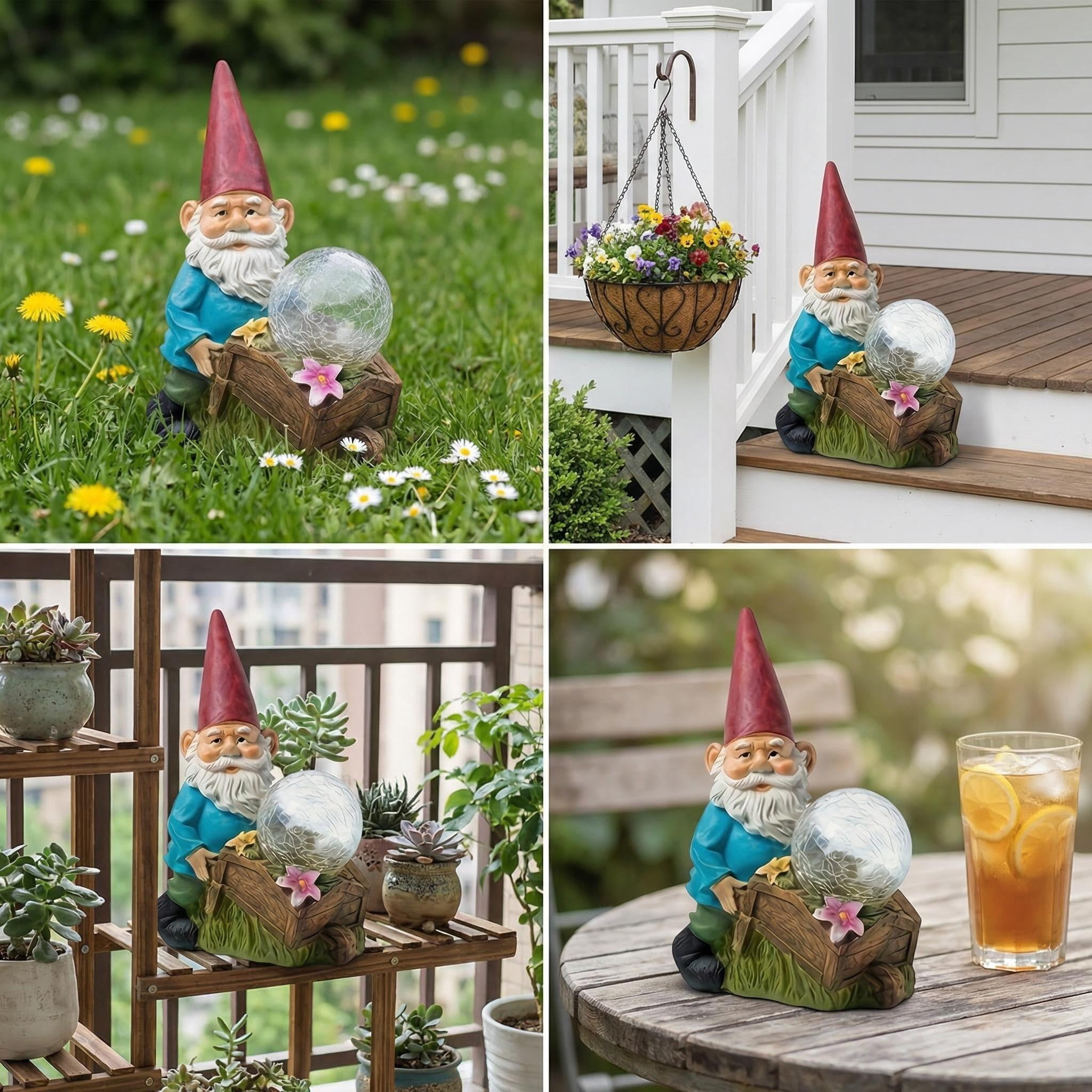 MEHOOM Solar Crack Lamp Gnome Statues, Resin Gnome Statues Holding Solar LED lights, Outdoor Statue Decoration and Lawn Ornament - Funny Garden Gnomes for Outdoor Courtyards, Porches or Home Decor