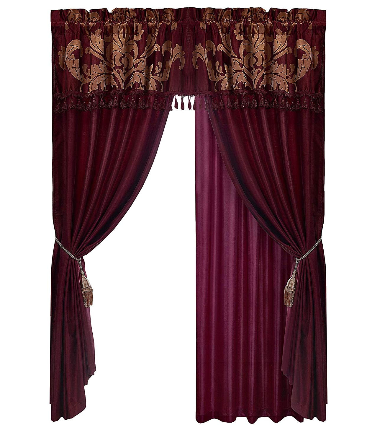 Details about   4-Pc Quilted Floral Embroidery Curtain Set Burgundy Brown Silver Valance Drape 