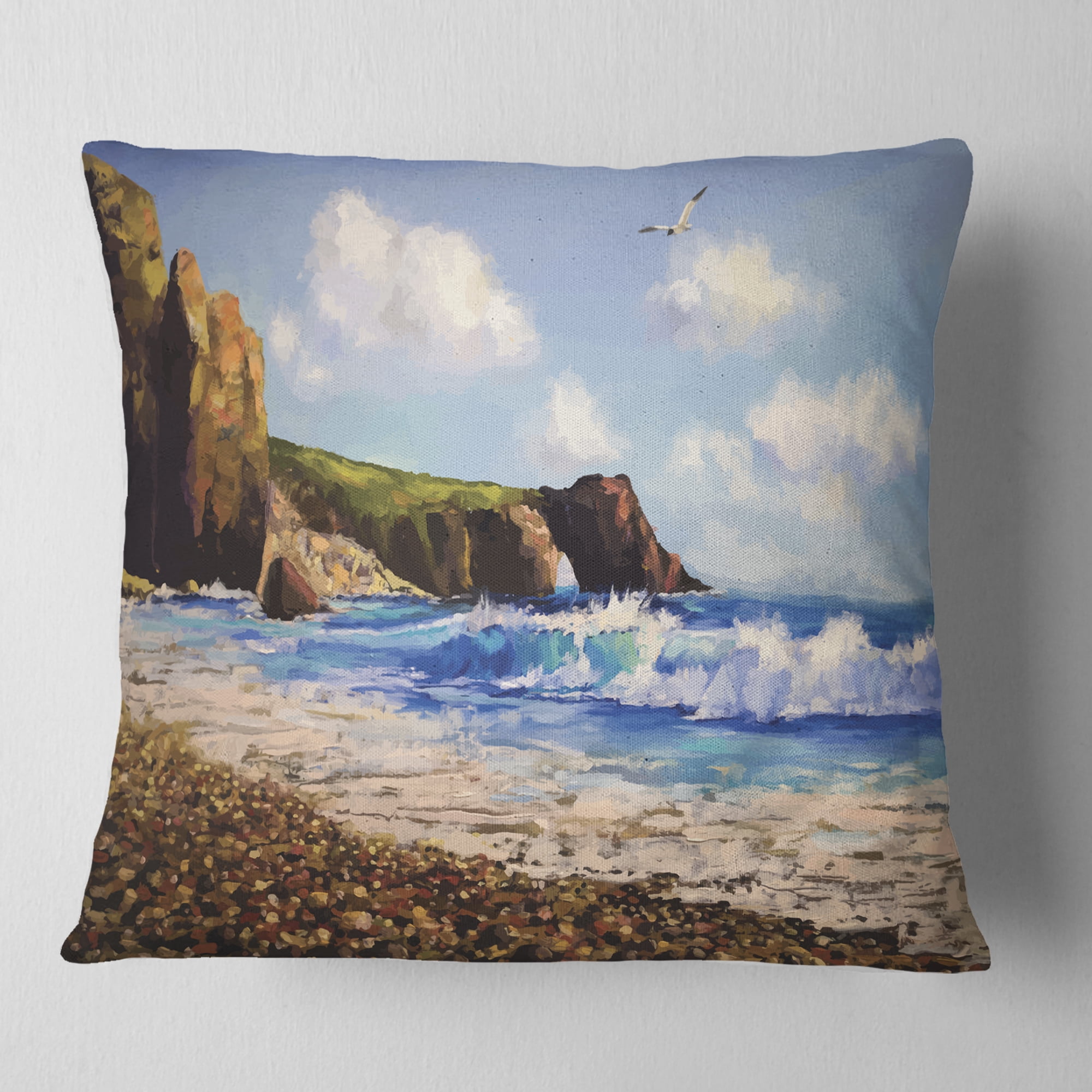 Designart Sea with Seagull - Landscape Printed Throw Pillow - 16x16