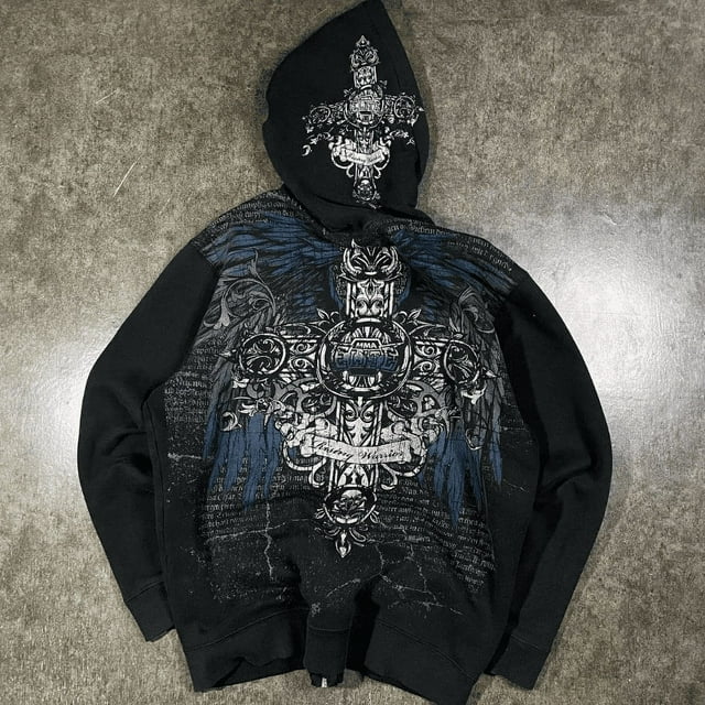 Embroidery Goth Hoodies Zip Up Long Sleeve Loose Jacket Coats Oversized Sweatshirts