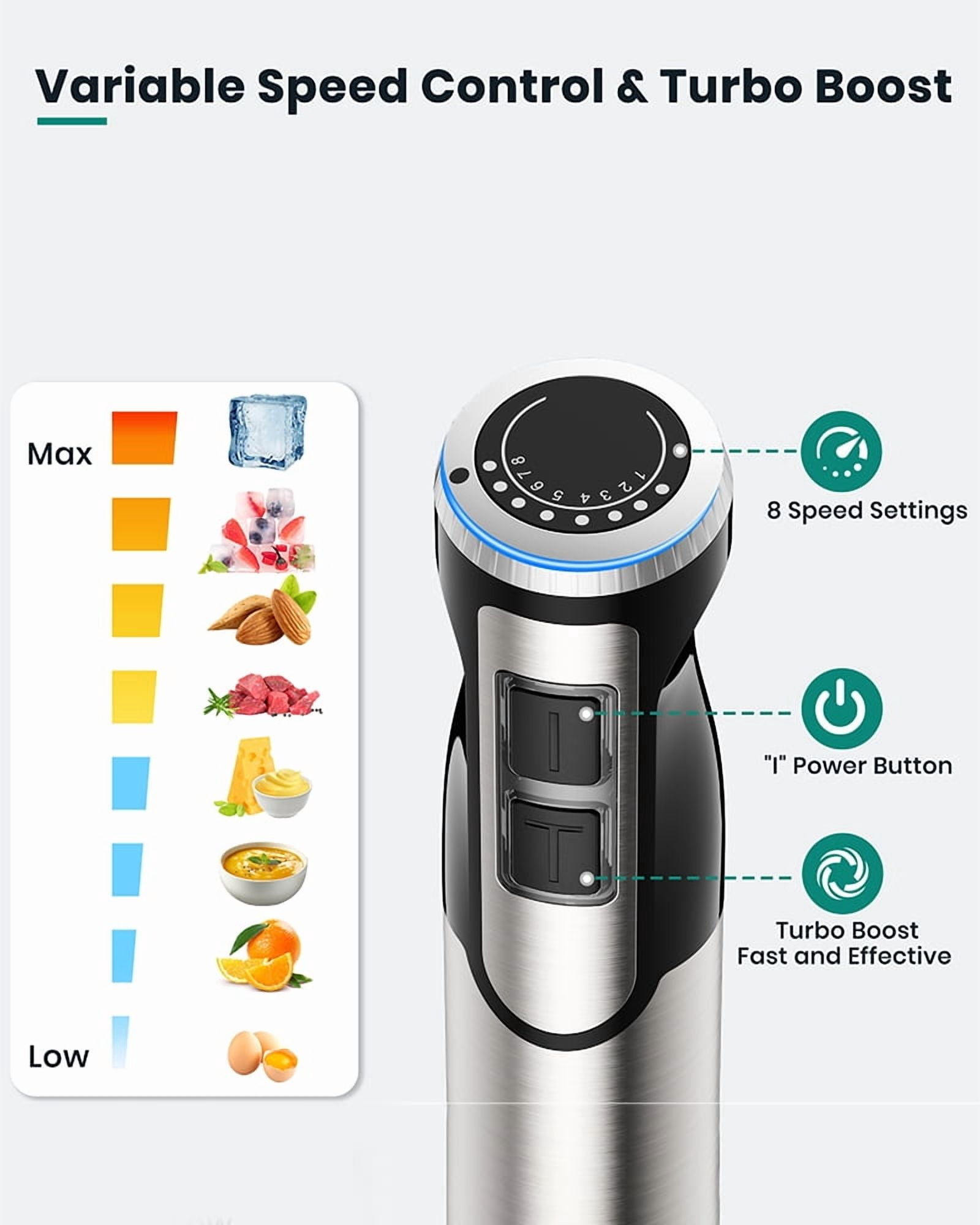1800W Immersion Blender Handheld 4-in-1 Hand Blender Stick for Ice Crushing Smoothie, Baby Food, Soup, 8 Speed Hand Mixer Turbo Boost Stainless Steel Blade with Whisk, Chopper, Beaker