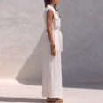 thumbnail image 2 of Morttic Women's Elegant Solid Color Lapel Sleeveless Belted Front Button with Pockets Split Hem Vacation Shirt Maxi Dress Ivory White，S, 2 of 4