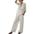 thumbnail image 2 of Cagogo Women's 2 Piece Lounge Set V Neck 3/4 Sleeve Top Wide Leg Pants Casual Boho Vacation Outfits Loose Matching Sets Solid Tracksuits Travel Airport Clothes, White 2XL, 2 of 6