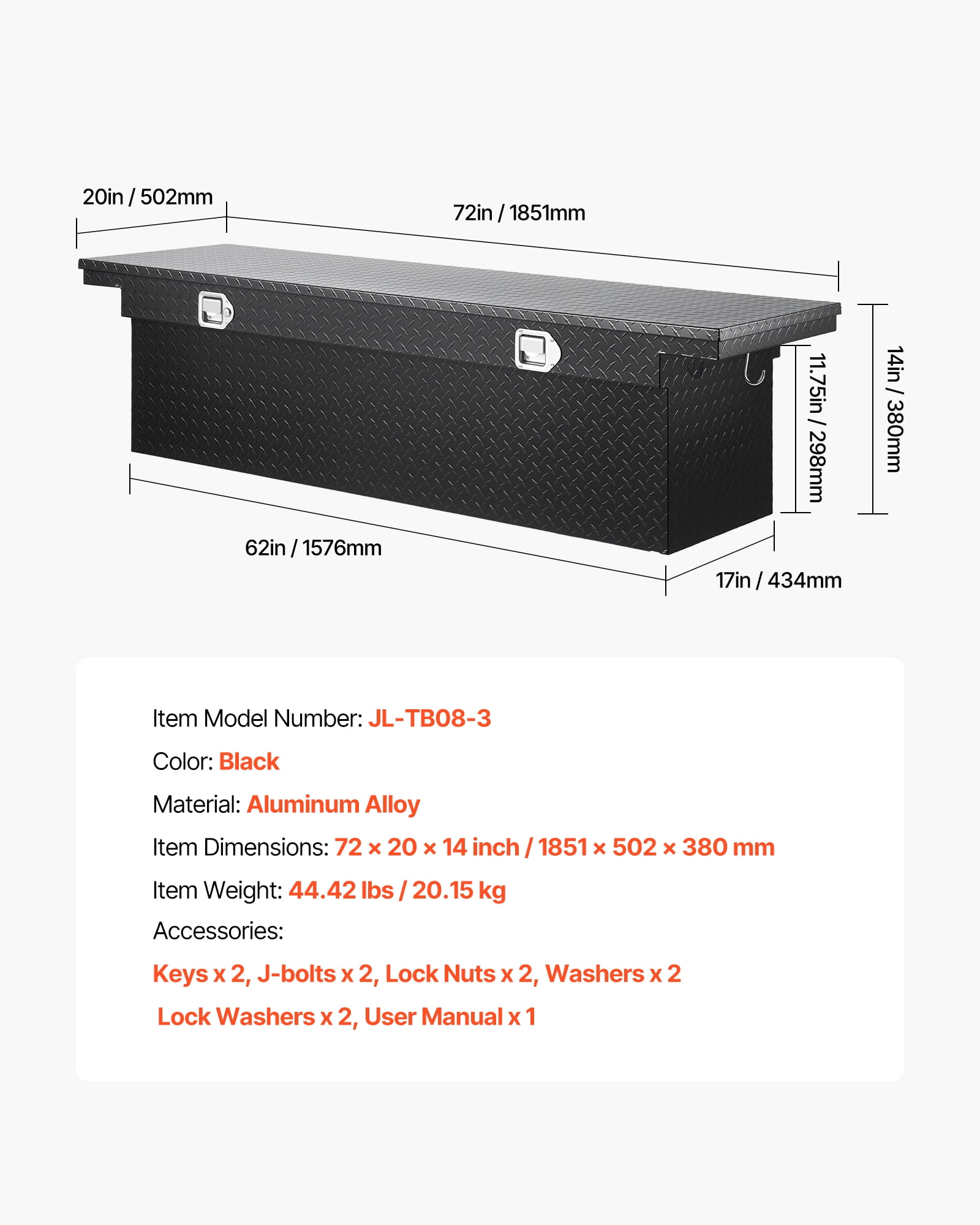 VEVOR Crossover Truck Tool Box, 72x20x14 In, Heavy Duty Aluminum Toolbox with Diamond Texture, Pick Up Truck Bed RV Trailer Toolbox, Waterproof Storage Organizer with Lock, Keys, Side Handles, Black