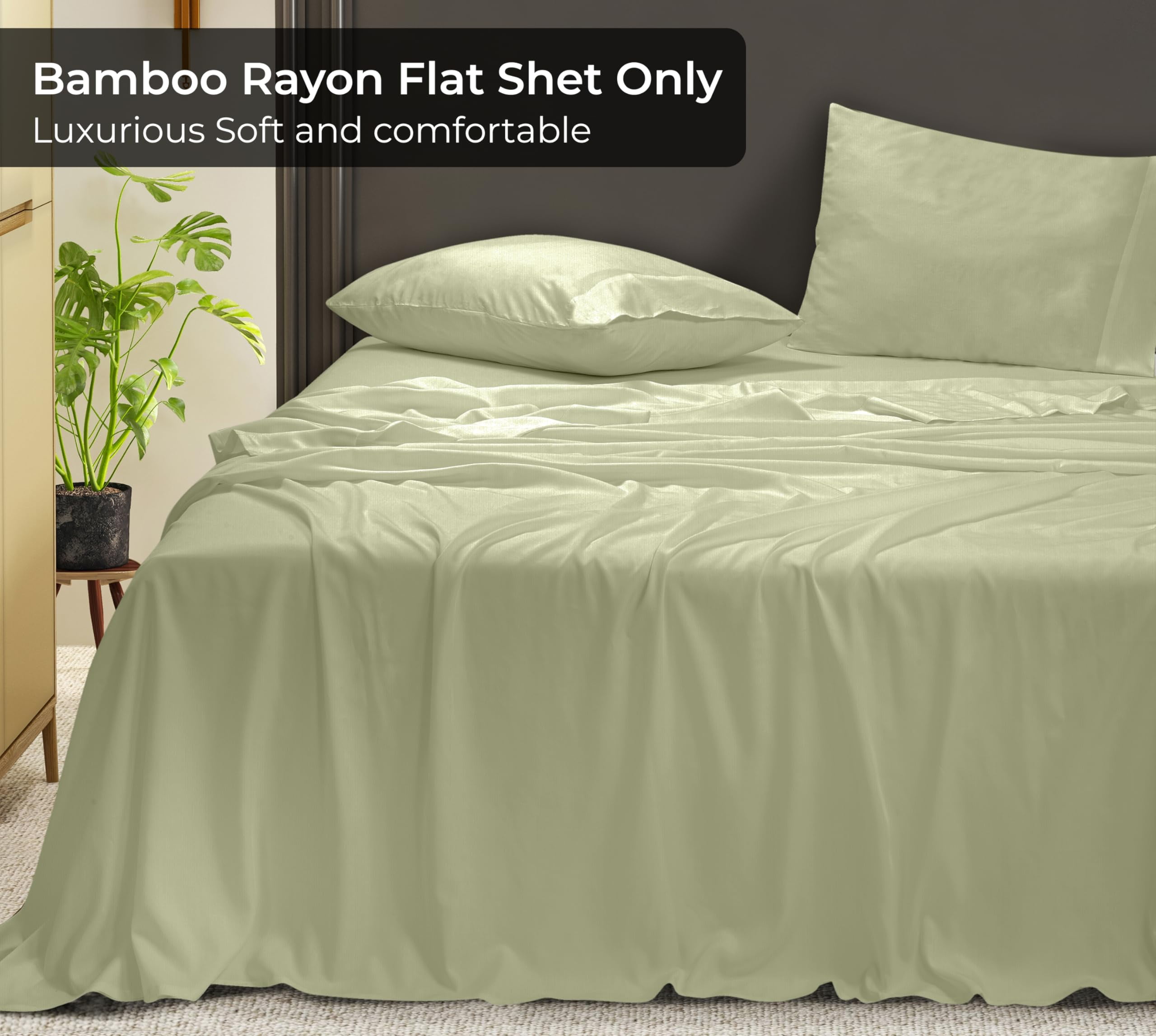 Royale Linens Bamboo Queen Flat Sheets Only - Cooling Sheets - Organic Viscose Derived from Bamboo - Queen Size Flat Sheet Only - Top Sheet - Breathable & Silky Bedding (Queen, Sage Green)