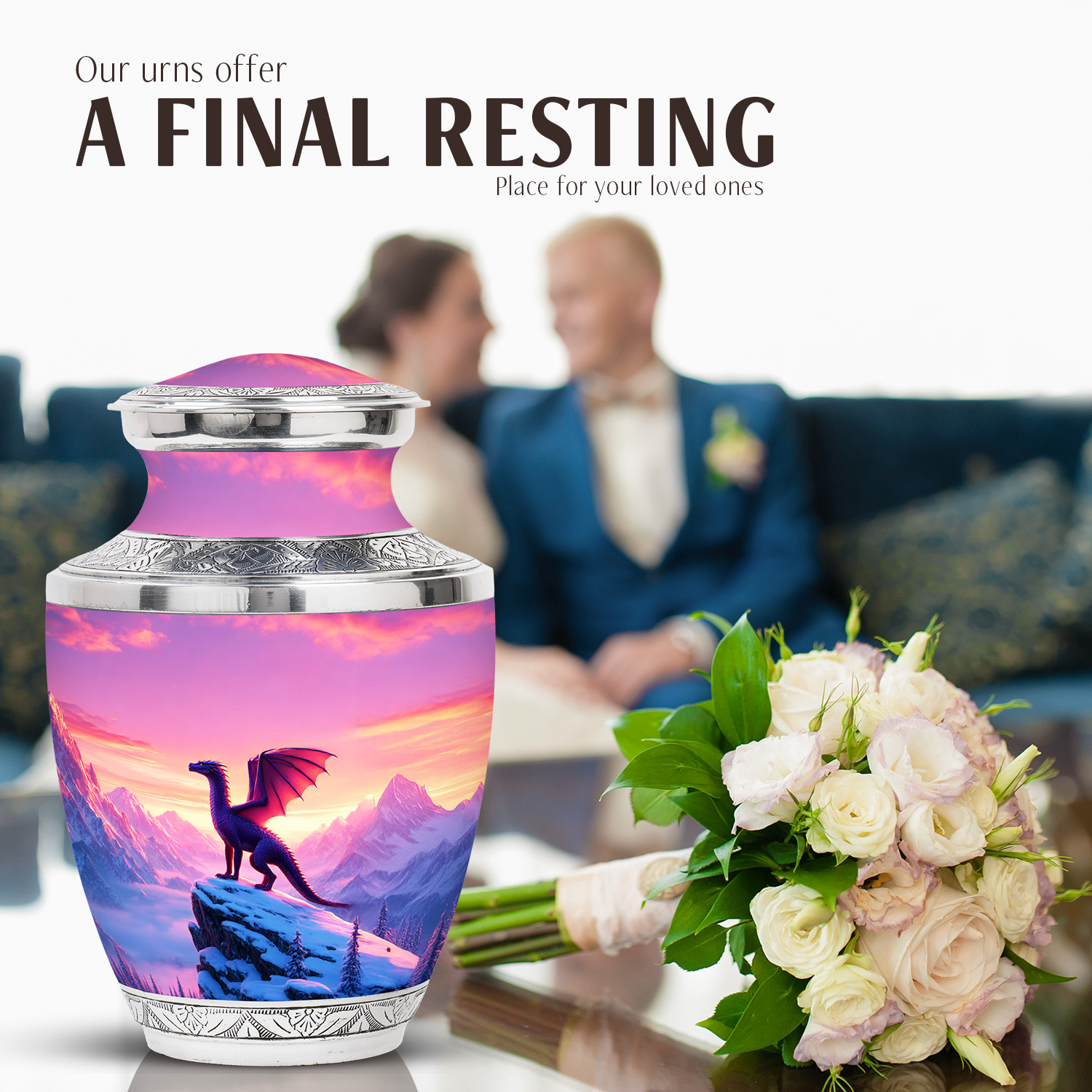JAGASY Dragon Urn for Human Ashes for Women, Pink Large Urn for Ashes Adult Male, Snowy Mountain & Sunset Decorative Urns for Father, Memorial Cremation Urns for Mother, (10 Inch)