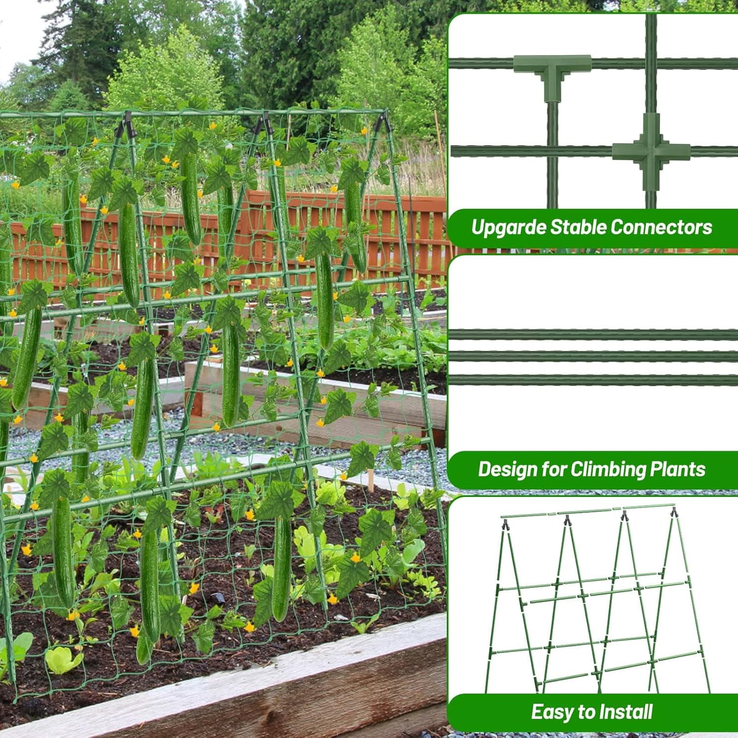 Cucumber Trellis with  Gallon Grows Bag, 50 x 54 Inches A Frame Outdoor Greenhouse Trellis and Fabric Raised Bed, Climbing Net and Plant Support Clips for Bean Climbing Plants
