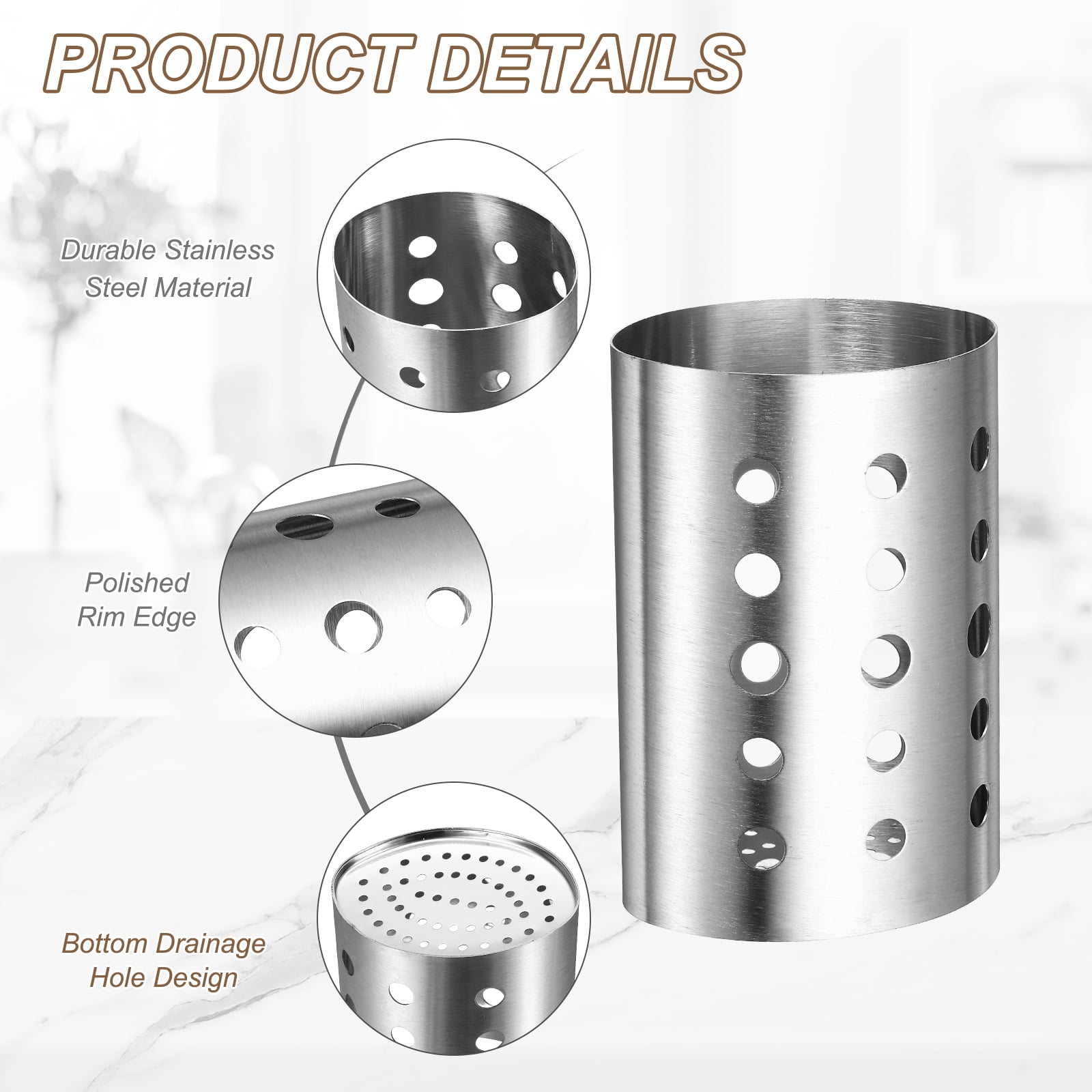 Uxcell Kitchen Utensil Holder, 3.9x5.5" Stainless Steel Utensil Cutlery Holder Round Flatware Organizer with Drain Hole for Kitchen Restaurant Countertop Straw, Spoon, Chopstick, Silver