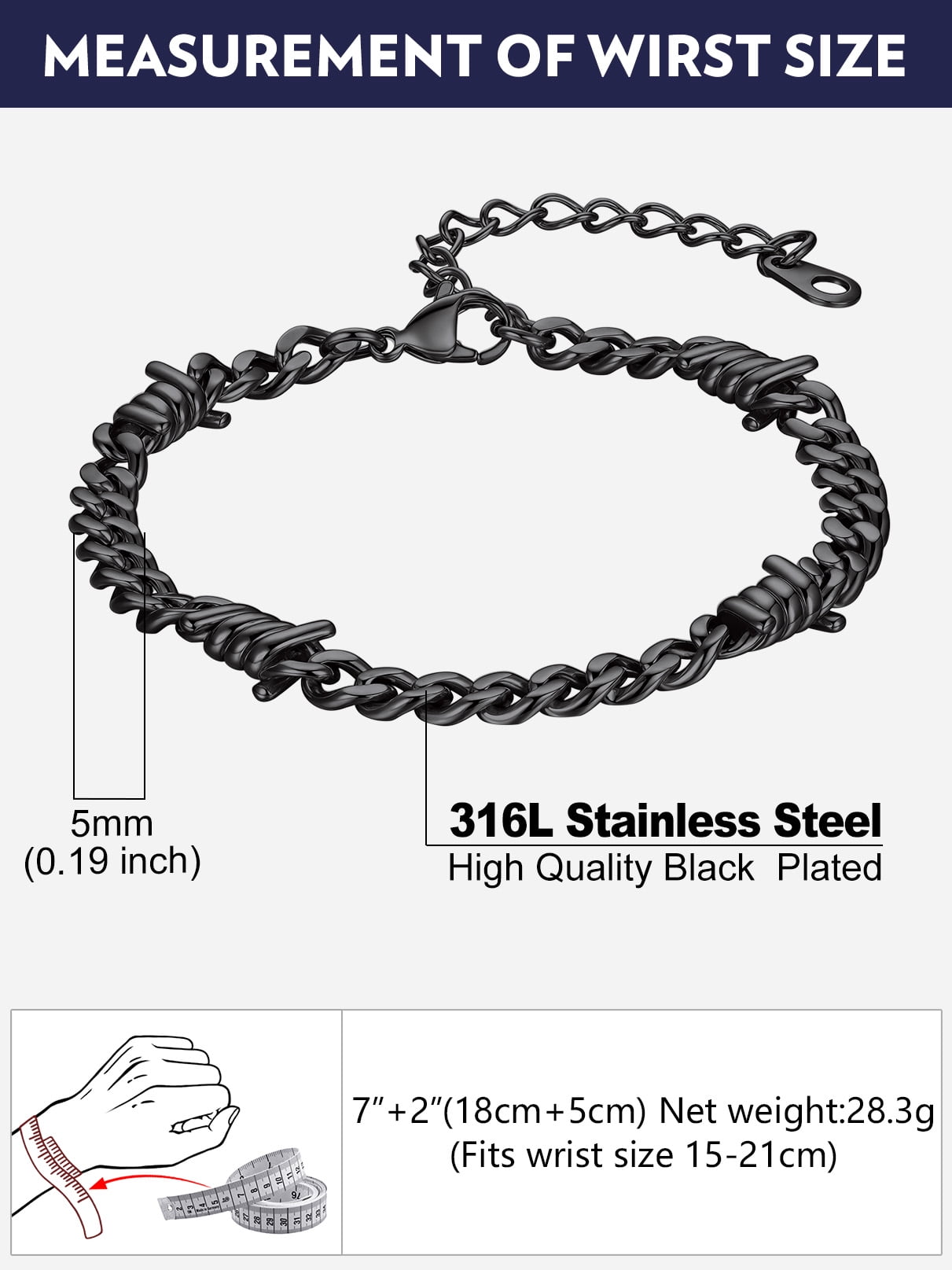 Bandmax 5MM Thorns Cuban Link Chain Bracelet for Men Dad Son Father's Day Graduation Gift Stainless Steel Black Curb Chain Bracelet for Women Punk Jewelry