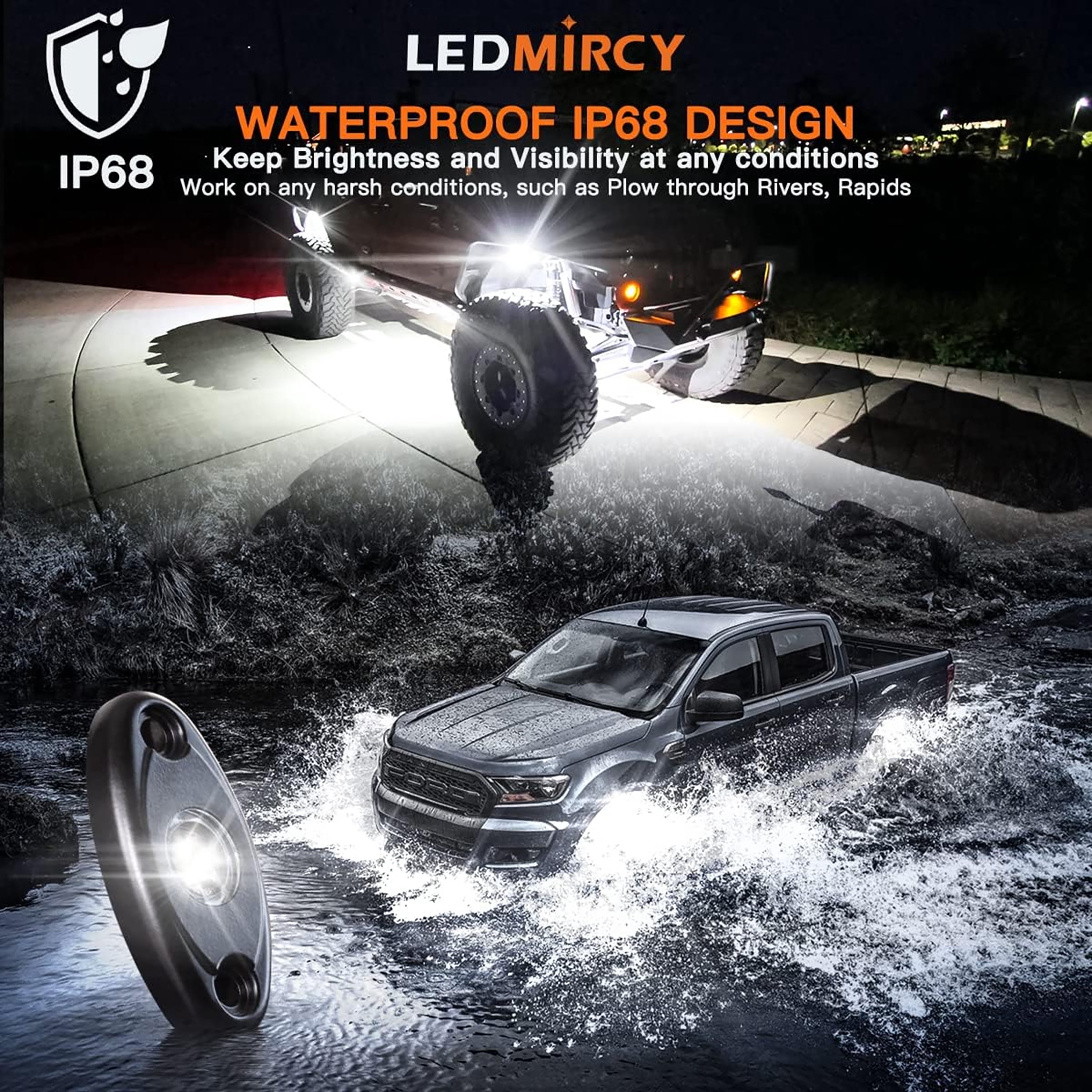 LEDMIRCY R1 Pure White LED Rock Light Kit, 12PCS, Rocker Switch Harness, Waterproof for Trucks, off road, Atv, Utv, Suv,Underglow