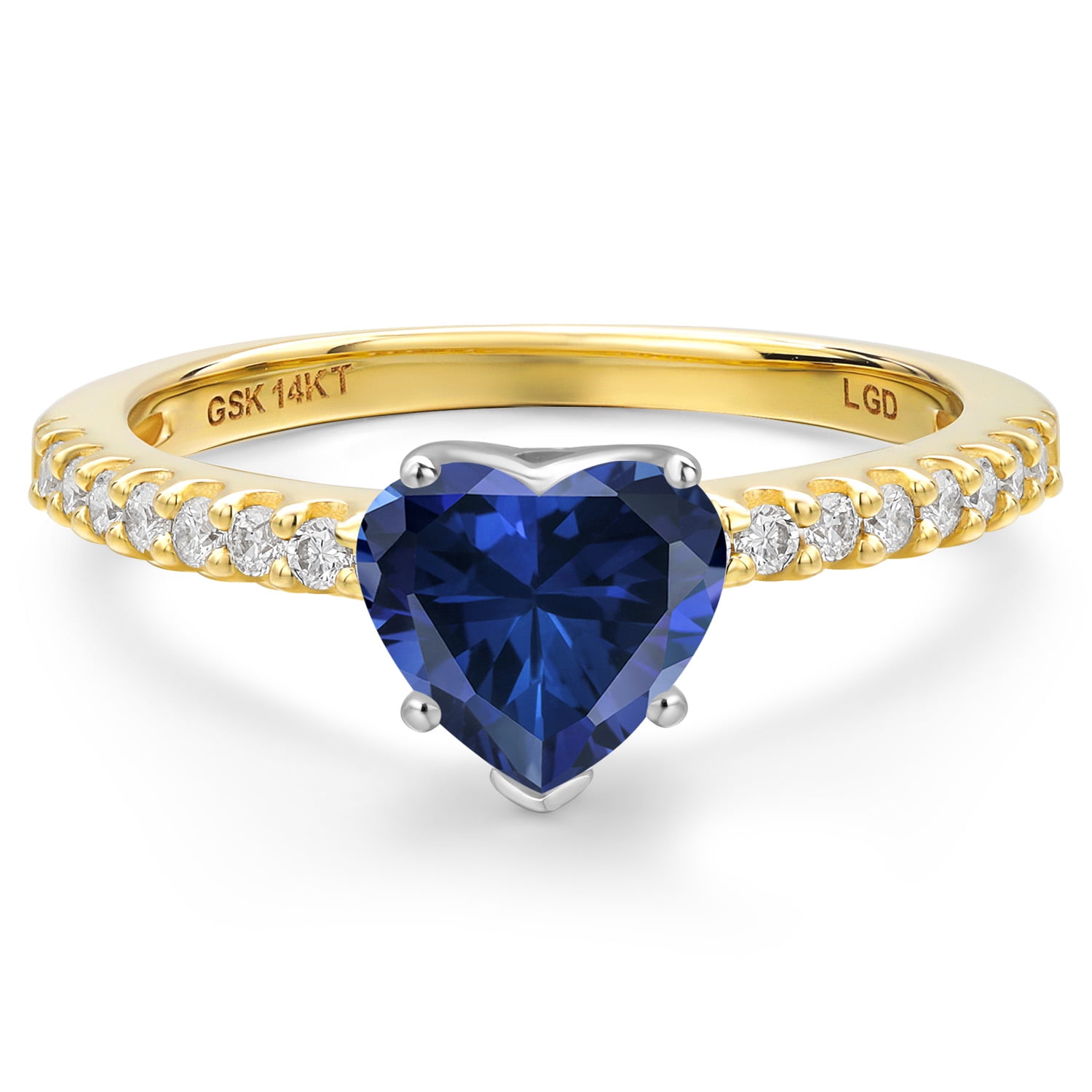 Gem Stone King 14K Two Tone Gold Blue Created Sapphire and Lab Grown Diamond Engagement Ring for Women | 1.16 Cttw | Heart Shape 8MM | Gemstone Birthstone | Available in Size 5,6,7,8,9