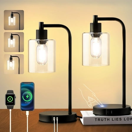 Walchoice Table Lamp Set of 2, Touch Control Desk Lamp with 2 USB Charging Ports, 3-Way Dimmable Nightstand Lamps with Glass Shade for Bedroom Living Room