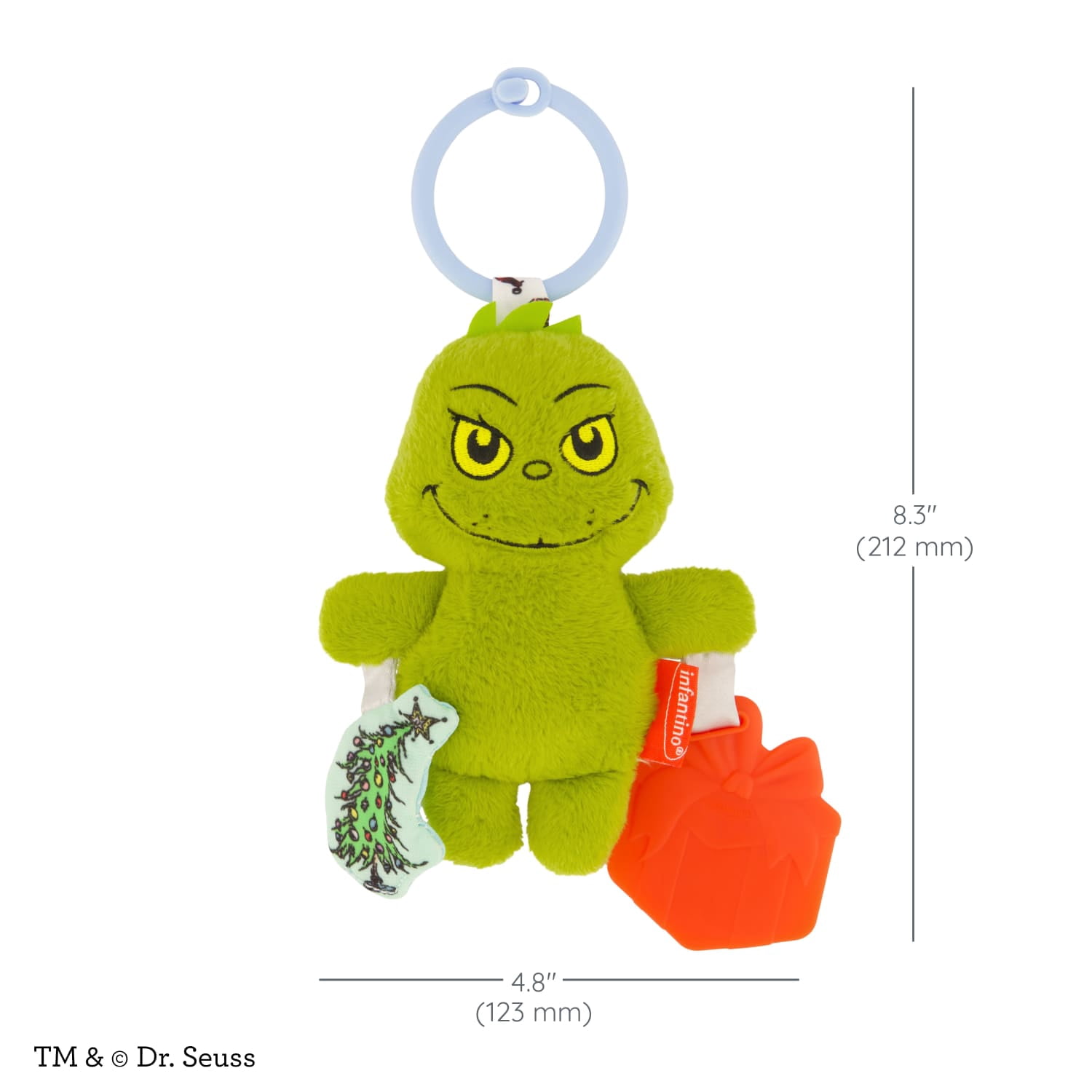Infantino Chime & Go Tag Along Pal The Grinch, Soft Plush Baby Toy with Teether and Crinkle Tree