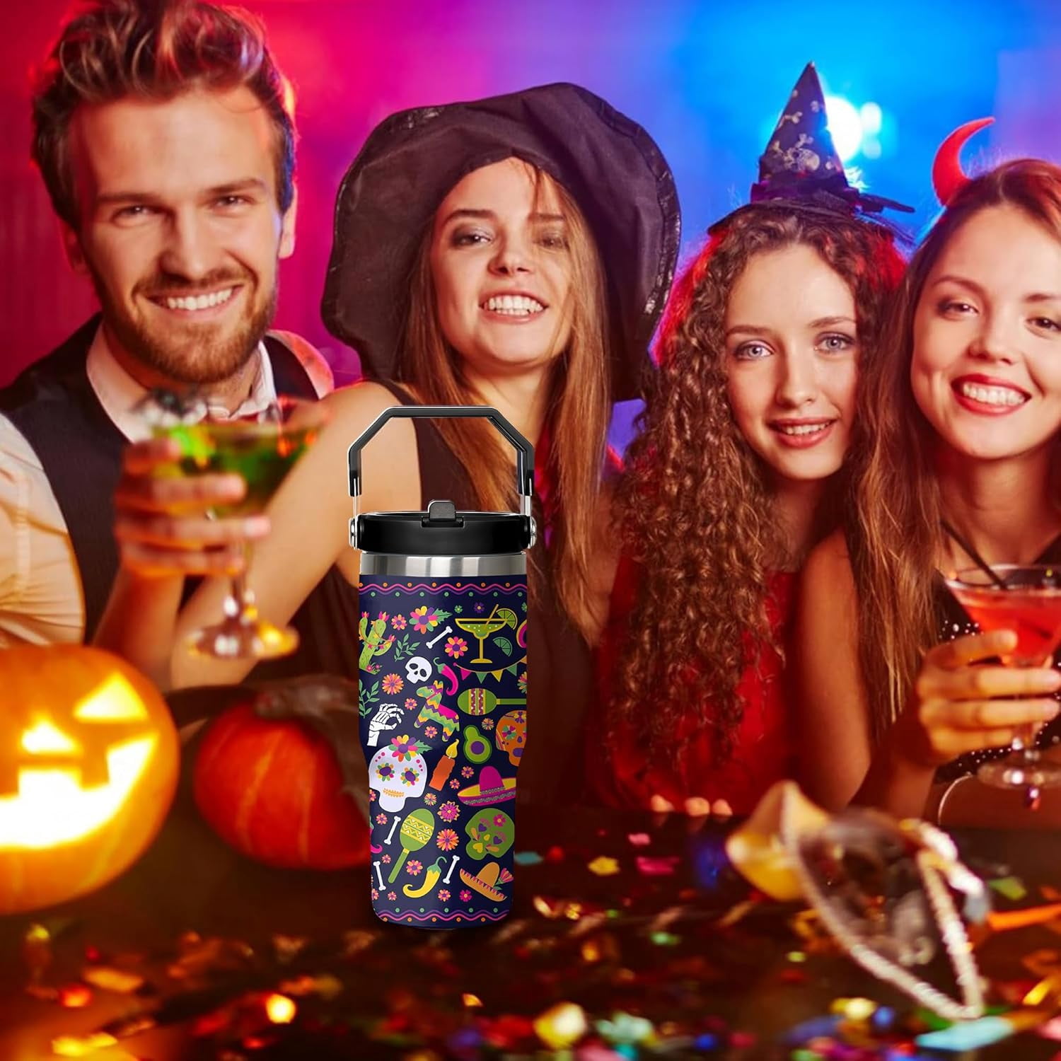 Skull Halloween Cup 30 Oz Tumbler with Handle and Flip Straw, Insulated Halloween Tumbler Keeps Drinks Cold & Hot, Stainless Steel Halloween Coffee Mug Halloween Themed Halloween Gifts For Women