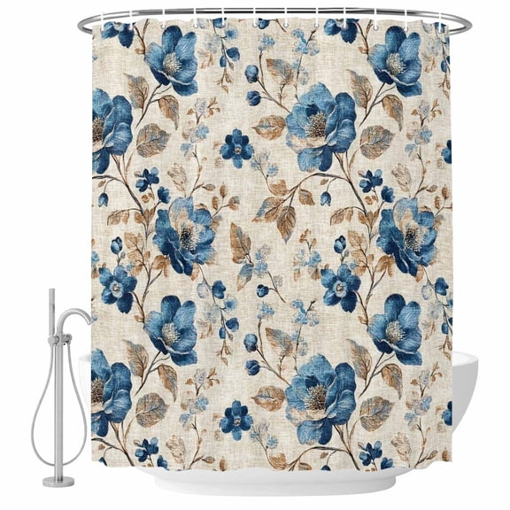 Vintage Flowers Fabric Shower Curtain Watercolor Blue Floral Washable Shower Curtains for Bathroom, Waterproof Bath Curtain with Hooks Home Decor 36x72in