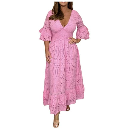 Blphud Simple Dress Summer Dresses for Women 2024 Deep V Neck Dress Ruffle Sleeves Midi Dress Dress for Women V Neck High Waist Lace Boho Dresses High Waist Casual Dress for Womens Pink L