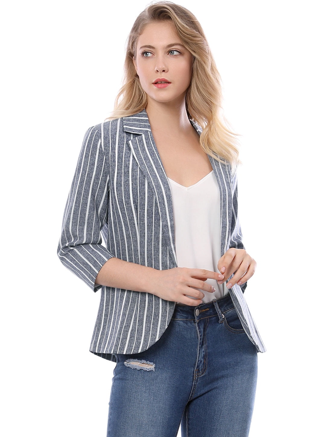DARING DIVA Women's Striped Open Front Notched Lapel Blazer S Blue