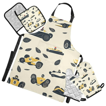 Vintage Racing Patterns Oven Mitts and Pot Holders with Chef Apron Set 5 Pcs Kitchen Cooking Set