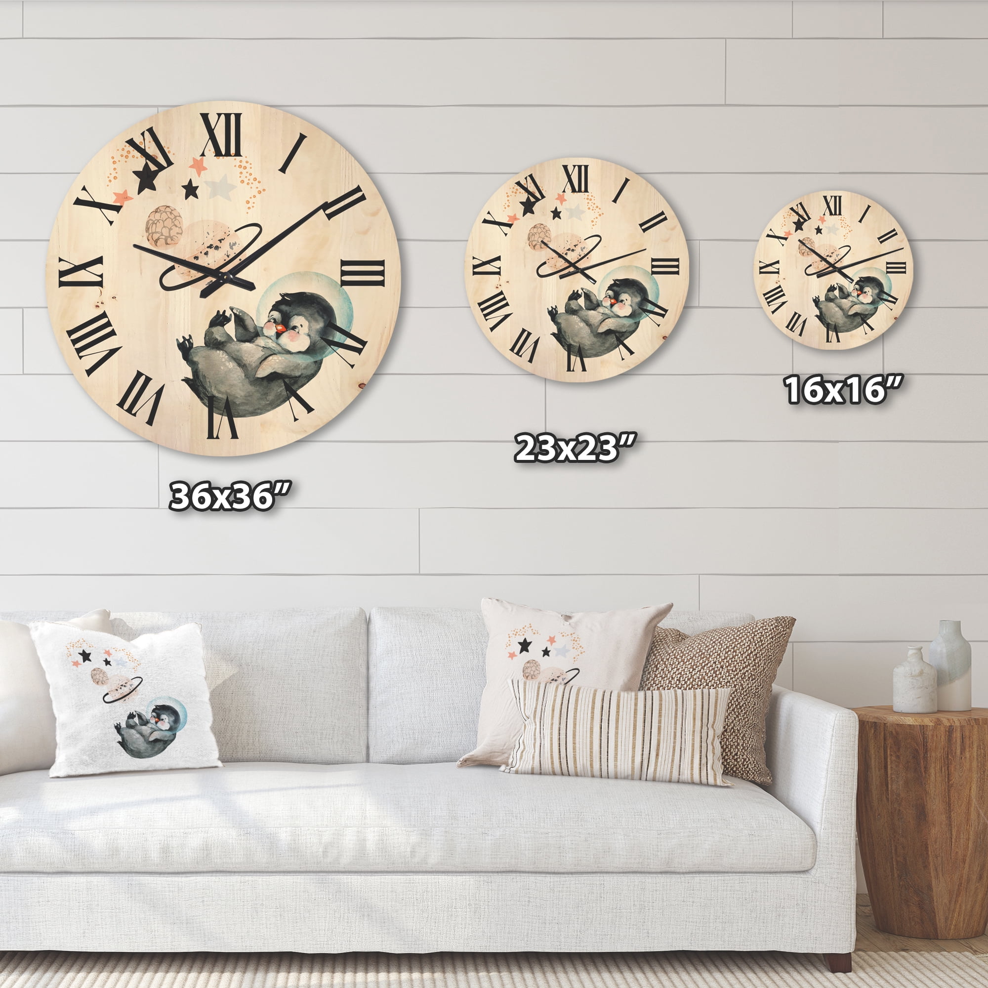 Designart 'Little Penguin With Planets and Stars I' Farmhouse Wood Wall Clock