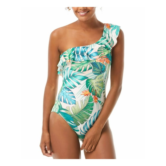 VINCE CAMUTO Women's Blue Tropical Print Removable Cups Lined Ruffled One Shoulder One Piece Swimsuit 6