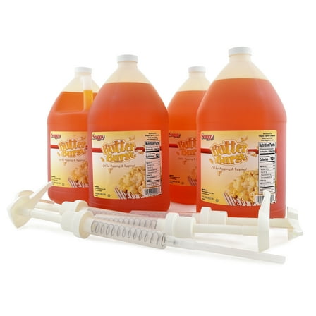 Snappy Butter Burst Popcorn Oil 4-Pack for Popping and Popcorn Topping, 4 – 1 Gallon Jugs with a 4 Pack of Durable Oil Pump Dispensers for Gallon Jugs