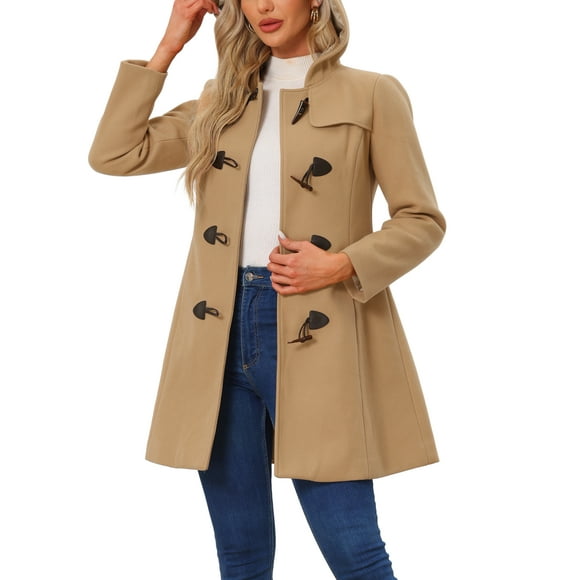 Allegra K Hooded Toggle Button Up Duffle Coat for Women's Winter Outwear L Khaki