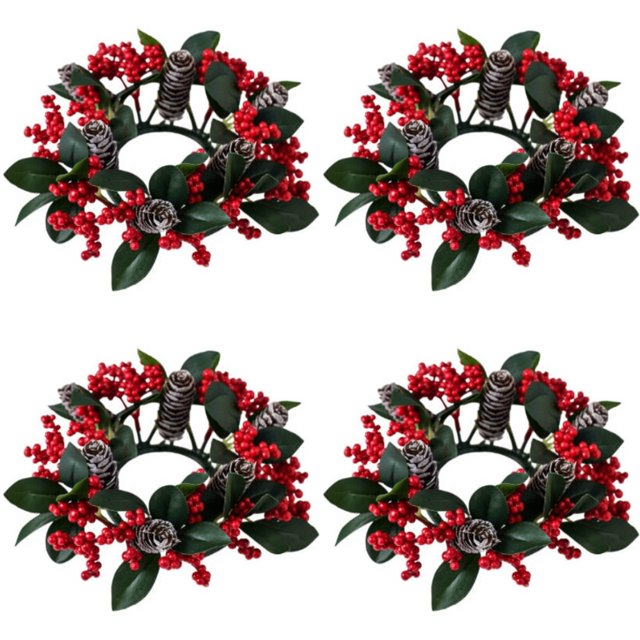 Christmas Candle Rings Wreath 3 Inch Center Pine Cone Red Berry Artificial Greenery Candle Holder Centerpiece for Holiday Table Mantle Decor