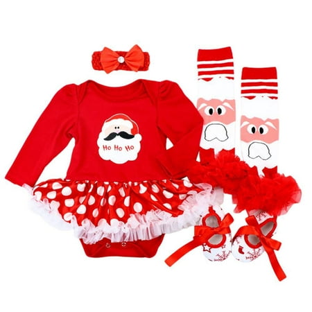 

4PCS Baby Girls Christmas Bodysuit Outfits Newborn Sequins Romper Tutu Dress+Headband+Leg Warmers+Shoes Clothes