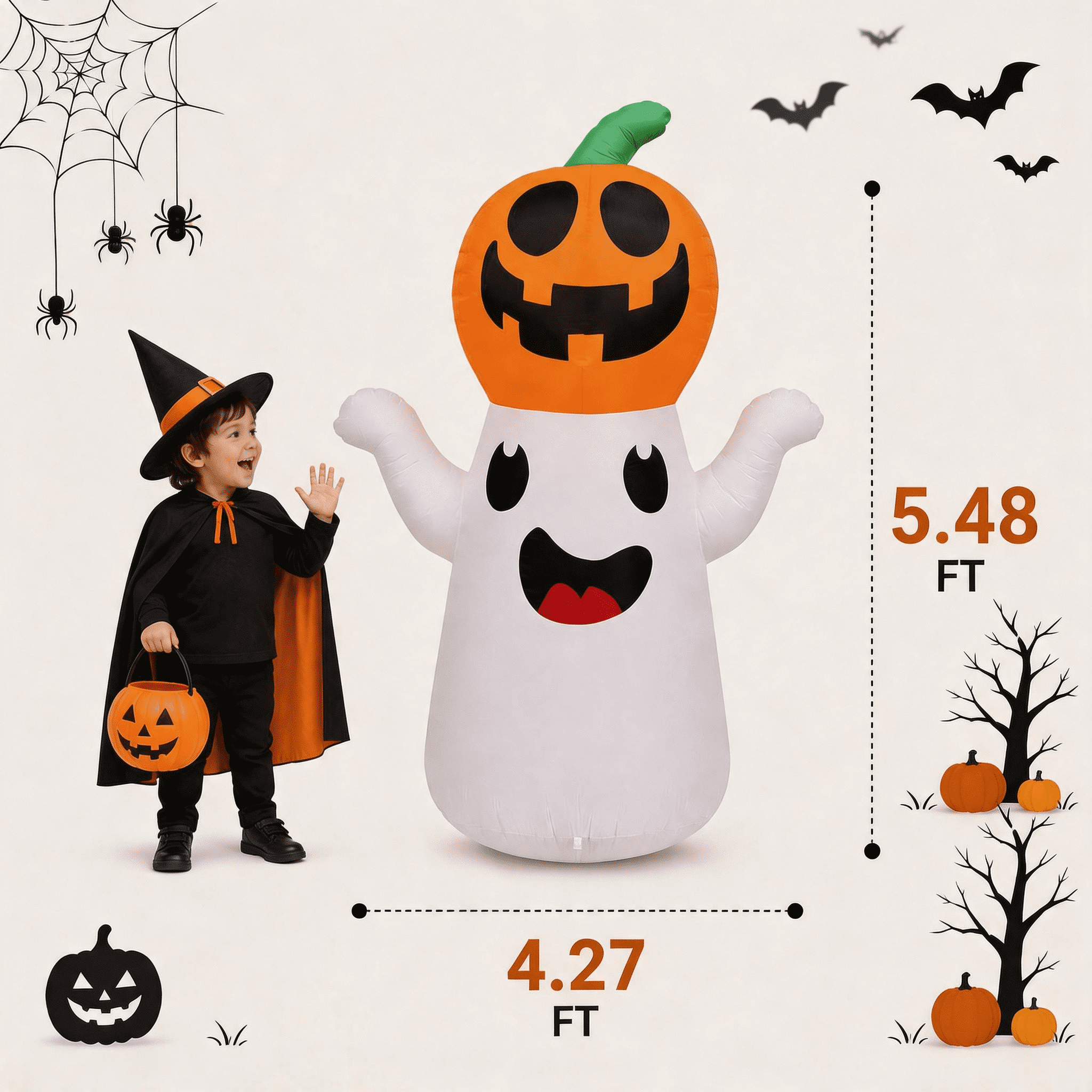 GARITIN Halloween Inflatable Decorations, 5.48 FT Blow Up Ghost with Pumpkin Head, Rotating LED Lights Waterproof Polyester Outdoor Yard Decor