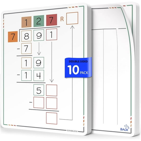 Scribbledo Division Math Practice Dry Erase Sheets, Whiteboard Math Manipulatives, 9” x 12”, 10-Pack