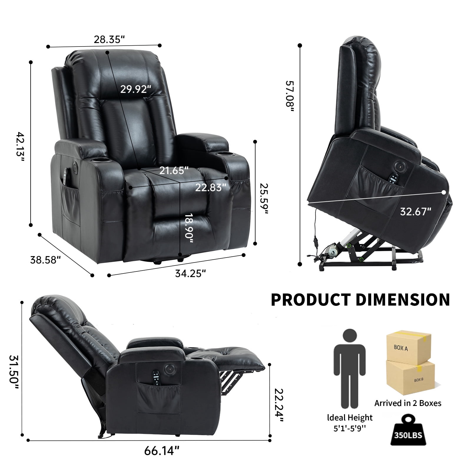 Gewnee Power Lift Recliner Chair,Lift Chair with Heat and Massage,Adjustable PU Leather Recliner with USB,Cup Holders & Side Pockets for Living Room or Bedroom.Black