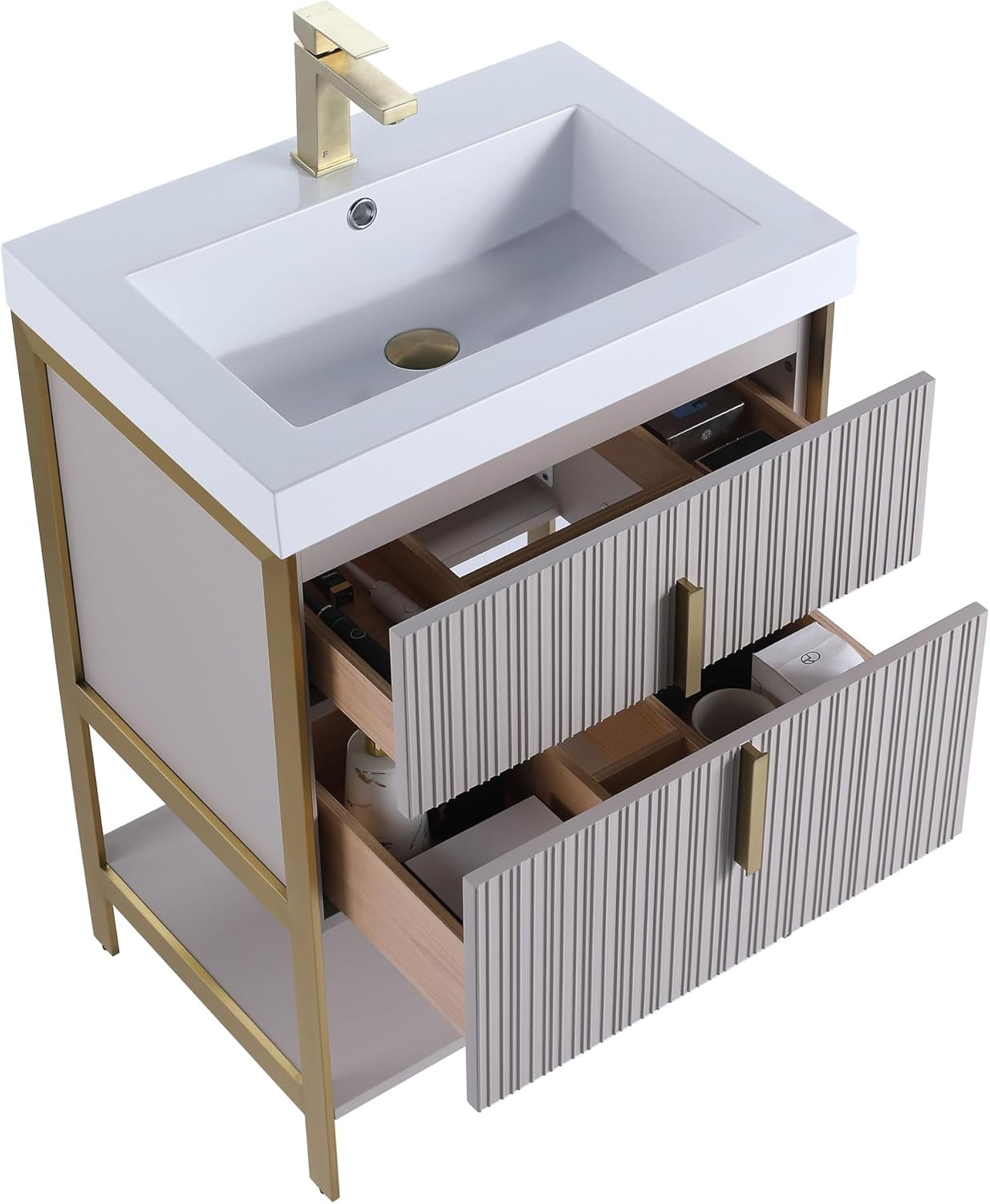 Fine Fixtures Serenity 24 in. W x 18 in. D x 33.5 in. H Bathroom Vanity in Bright Taupe with Gel Coated Thick Edge top in Whte with Satin Brass Hardware
