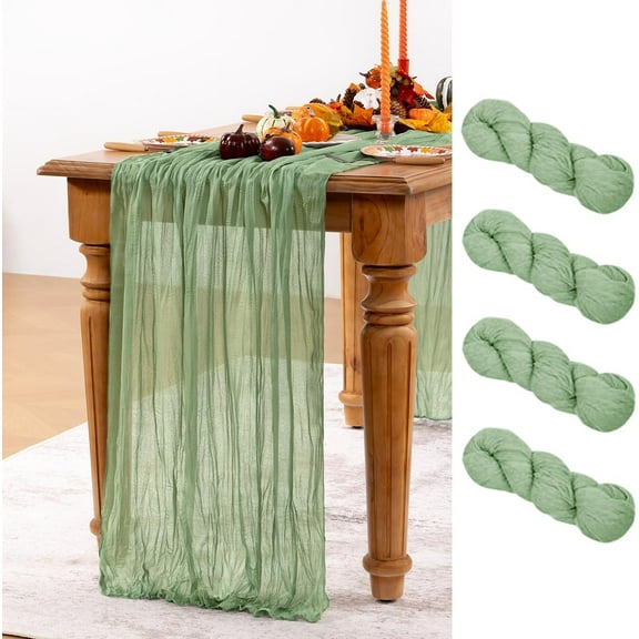 Sage Green Cheesecloth Table Runner Fall Table Runners Boho Gauze 120 Inches Sage Cheese Cloth Fall Table Decorations for Thanksgiving Wedding Bridal Baby Shower Tea Party-4 Pack