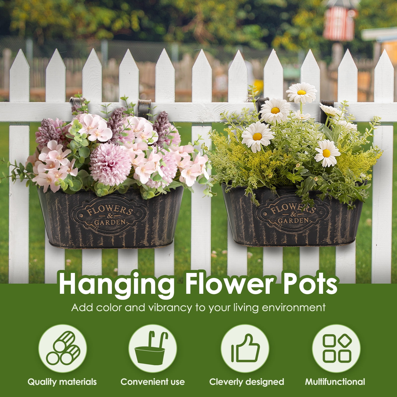 Keyohome 4Pcs Hanging Flower Pots,Metal Wall Planter,Iron Bucket Planter with Detachable Hooks for Indoor Outdoor,Drainage,Rustproof,Black,10.6"