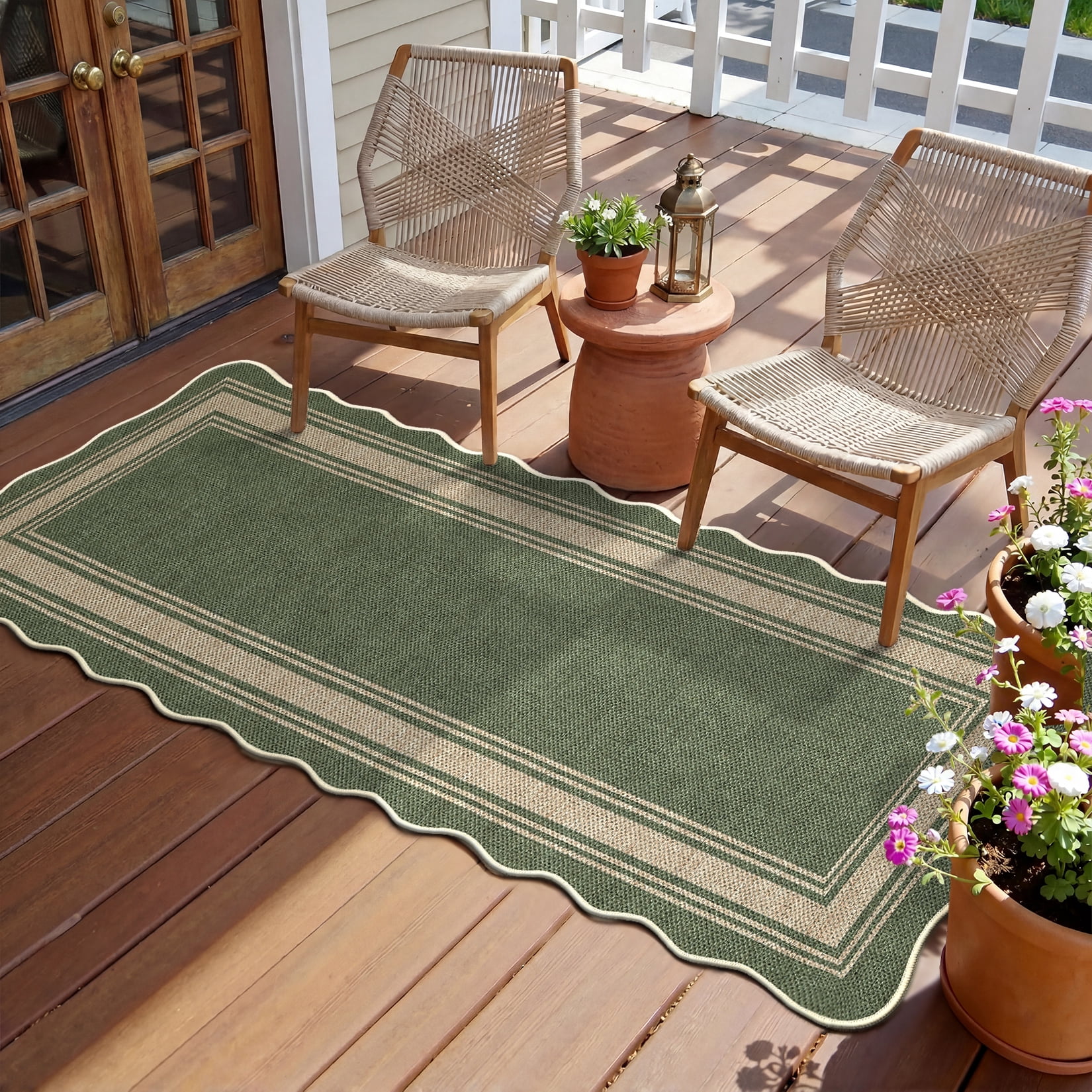 Garvee 2'x6' Scalloped Washable Indoor Outdoor Rug Natural Jute Carpet, Non Slip Low Pile Rug for Patio, Living Room, Bedroom, Home Decor, Green