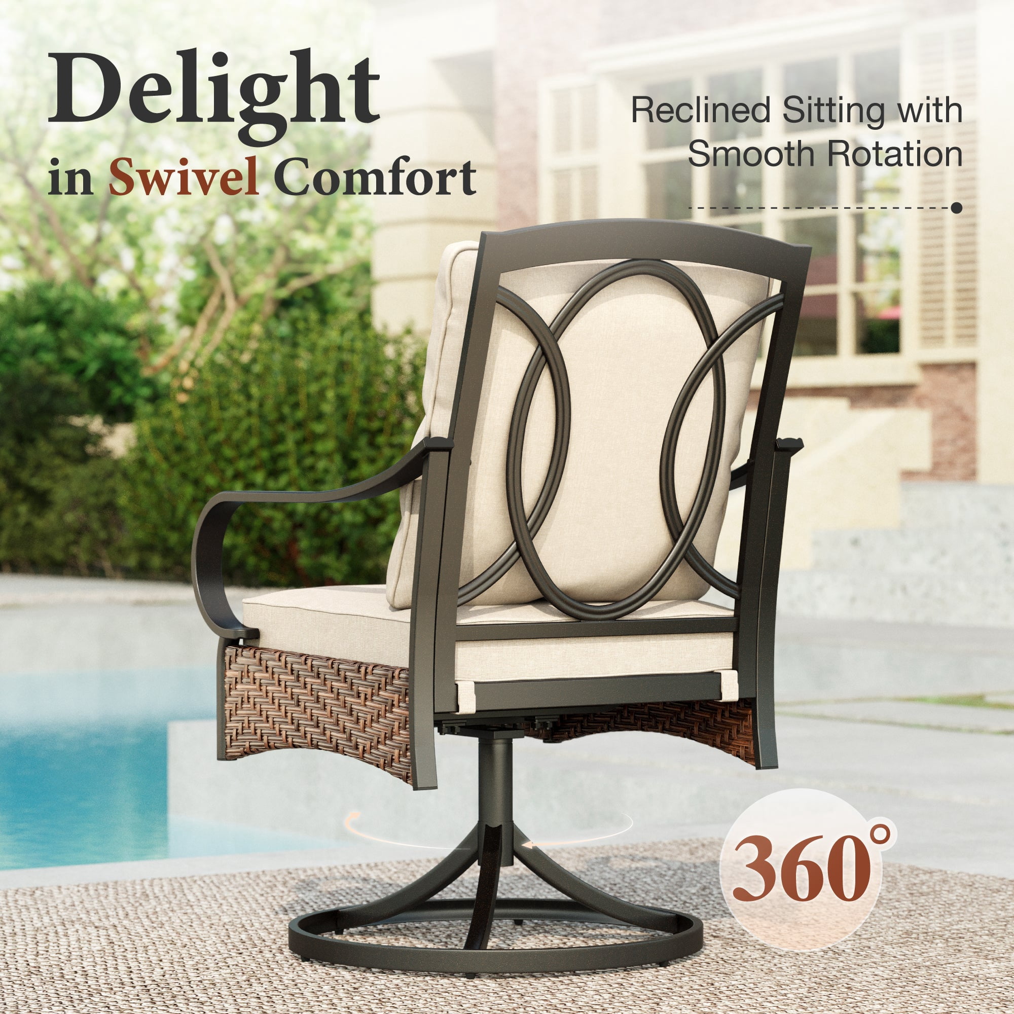9-Piece Outdoor Patio Dining Set, Rectangular Patio Table and Swivel Chairs with Seat & Back Cushion for 8 People, Black & Beige