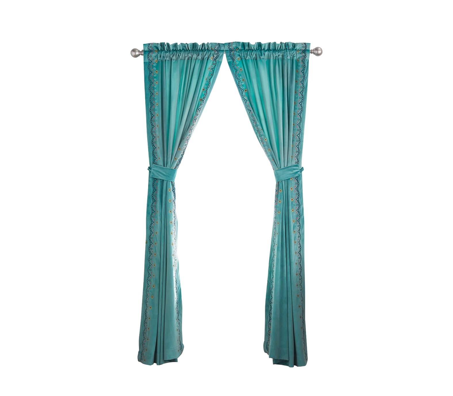 The Pioneer Woman Embroidered Velvet Light Filtering Rod Pocket Window Curtain Panel, Set of 2, Teal Topaz, 40 x 84