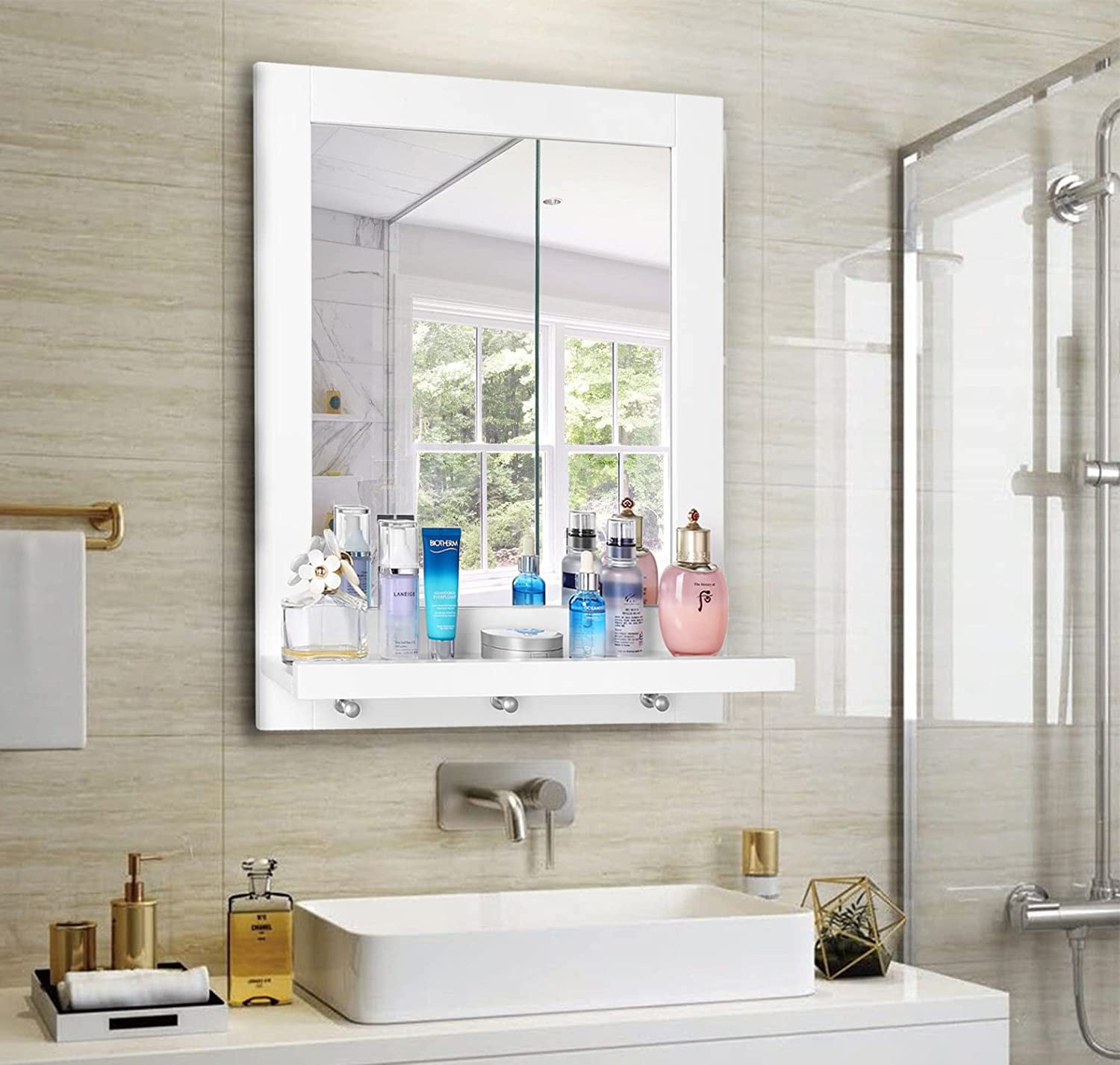 Homfa Wall Mirror with Shelf, Hanging Vanity Mirror for Bathroom