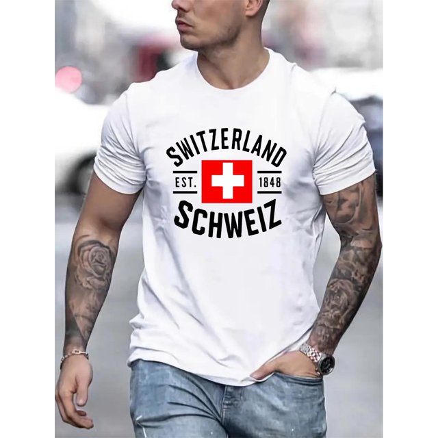 Swiss Flag 1848 Pattern Print Men's Casual Round Neck Short Sleeve Shirt