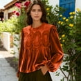 thumbnail image 4 of Women's Velvet Trim Lace Blouse Long Sleeve Shirt Elegant Flared Swing Top Round Neck Casual Wear Saffron XL, 4 of 4