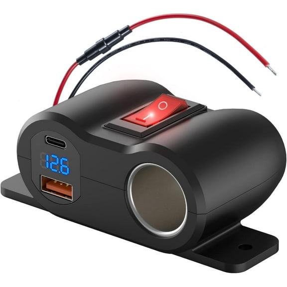 2-in-1 Surface Mount 12V USB Outlet Cigarette Lighter Socket, PD 30W and QC18W Car USB Port Car Charger with Button Switch LED Voltmeter and 120W Socket, Suitable for Cars, Boats, RVs and ATVs
