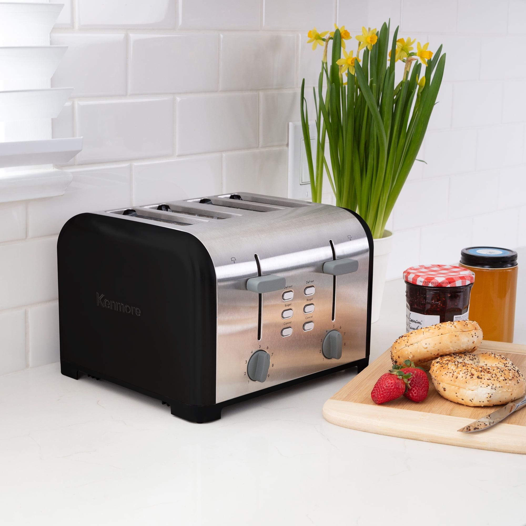 Kenmore 4-Slice Toaster, White Stainless Steel, Dual Controls, Extra Wide Slots, Bagel and Defrost Functions, 9 Browning Levels, Removable Crumb