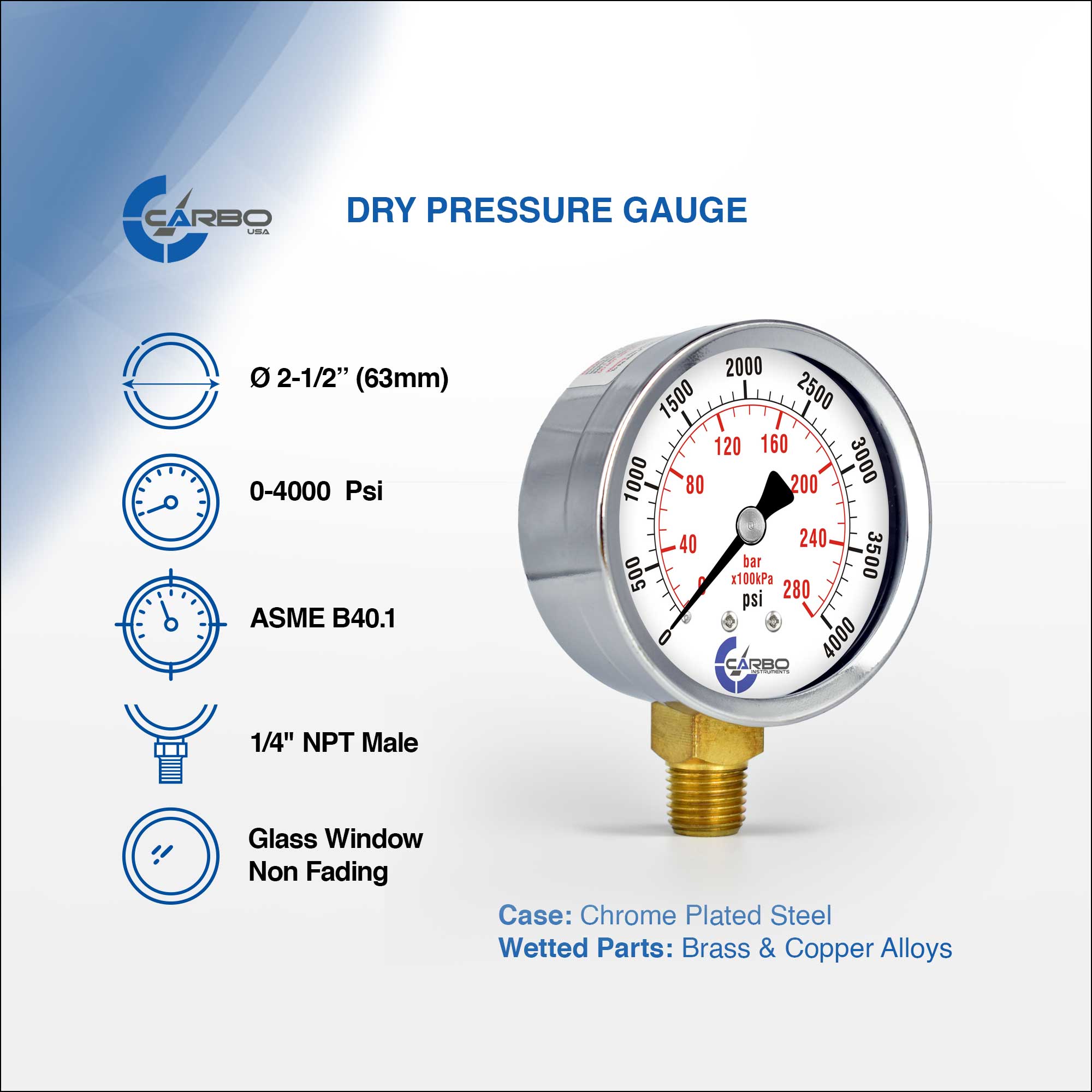 CARBO 2-1/2 Inch Pressure Gauge, 0-4000 Psi/kPa, Chrome Case, 1/4 NPT Lower Mount