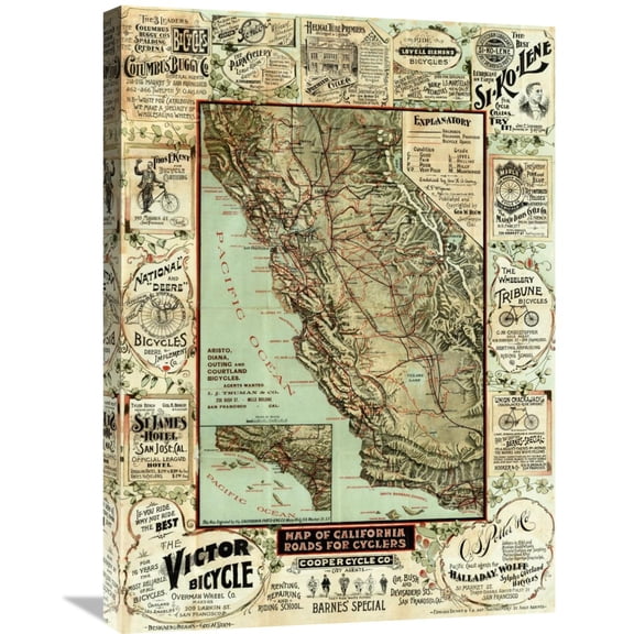 Global Gallery George W. Blum 'Map of California Roads for Cyclers, 1896' Canvas Wall Art