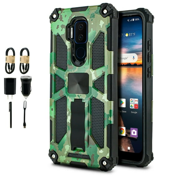Value Pack + for Cricket Influence, AT&T Maestro Plus with Tempered Glass Hybrid Phone Case Magnet Mount Ready Grip Grids Kickstand Slim Shock Bumper Cover