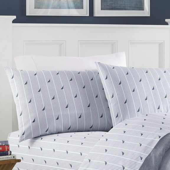Nautica Audley Stripe 100% Cotton Percale 4-Piece Sheet Set, Full, Blue
