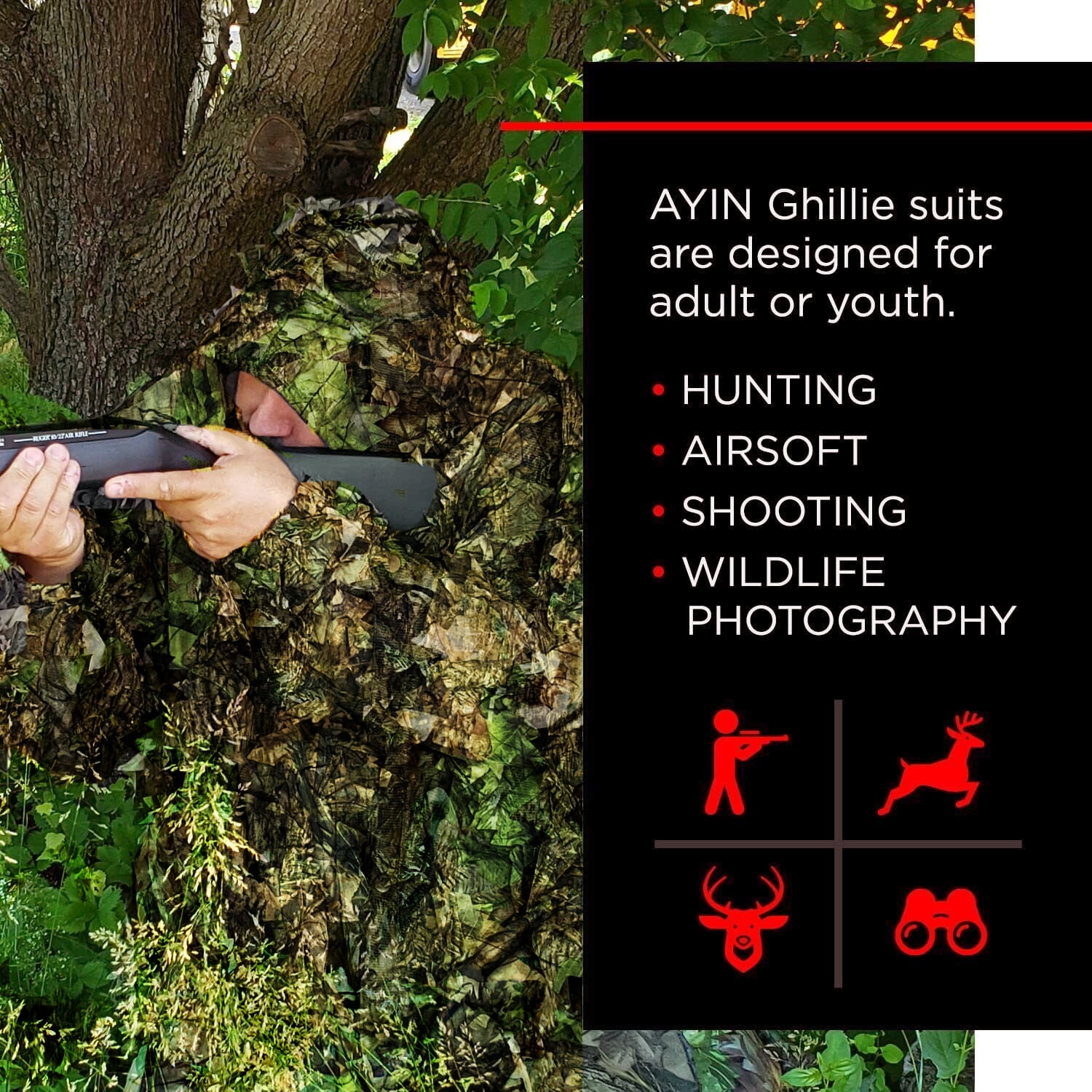 AYIN Tactical 3D Leaf Camouflage with Gloves and Face Mask Size L-XL, Hunting Jacket & Pants Men's